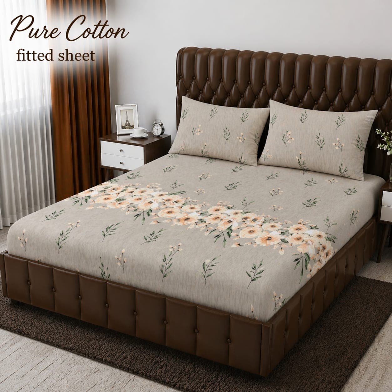 Beige Minimalist Daisy Bouquet Pure Cotton Fitted Bedsheet