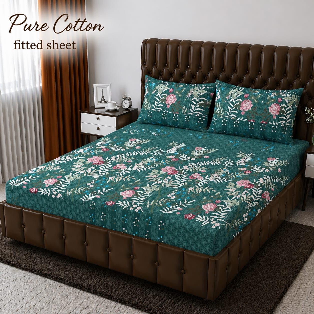 Teal Rose Fern Botanical Pure Cotton Fitted Bedsheet