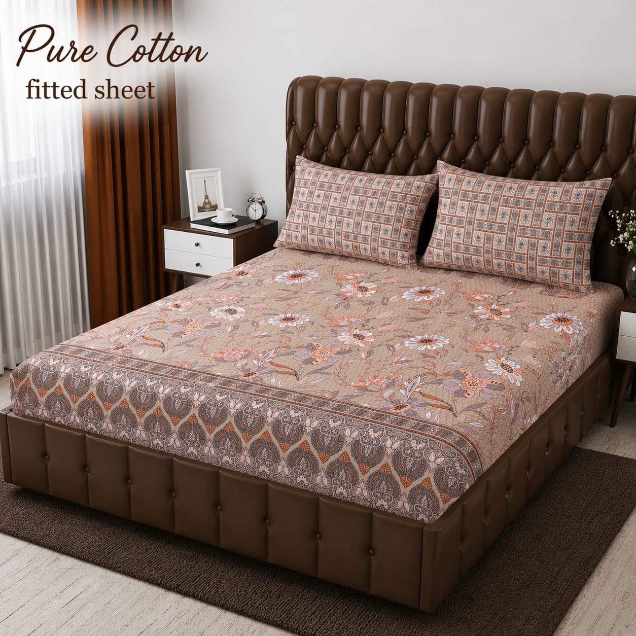 Brown Daisy Paisley Border Pure Cotton Fitted Bedsheet