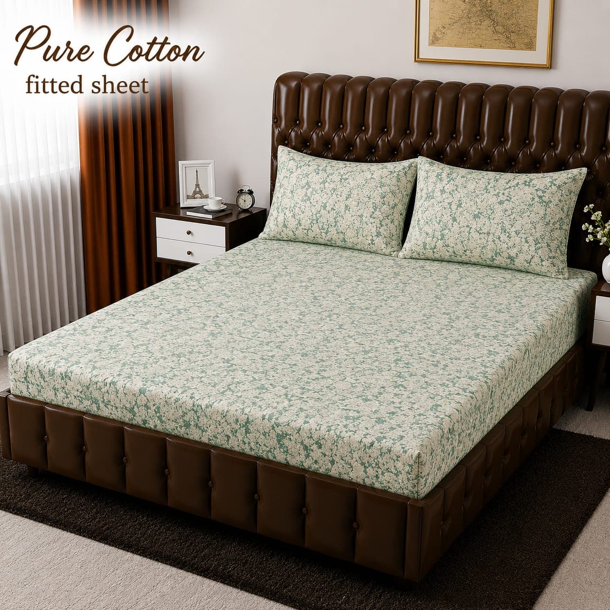 Sage Green Floral Spatter Pure Cotton Fitted Bedsheet