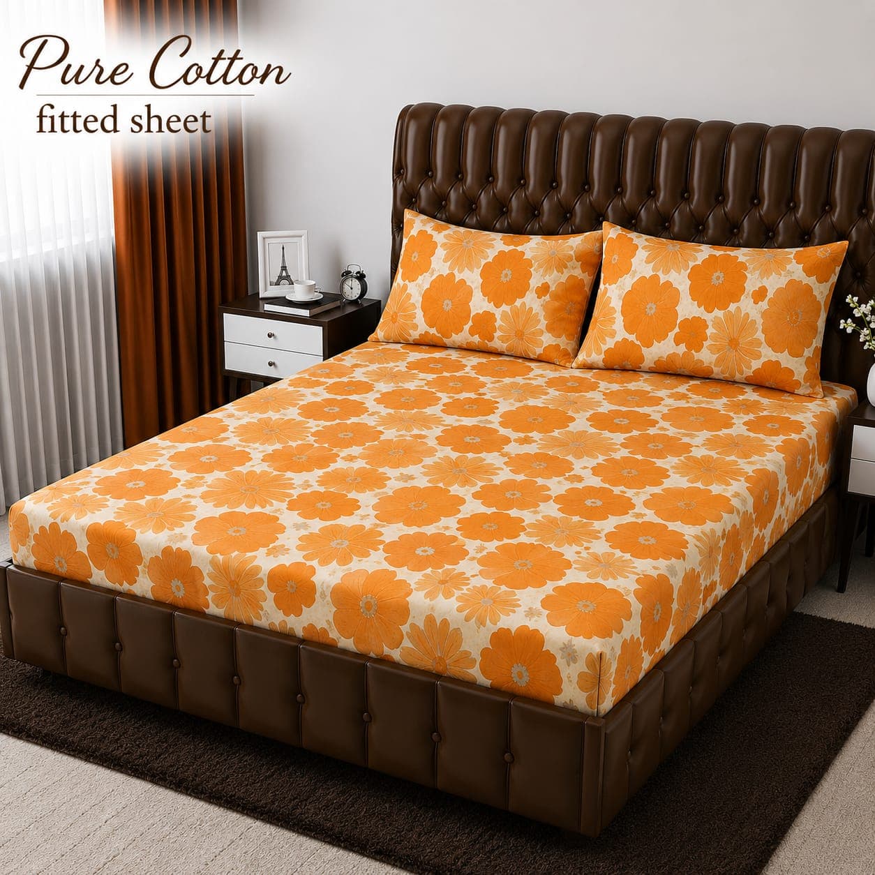 Orange Marigold Bloom Pure Cotton Fitted Bedsheet