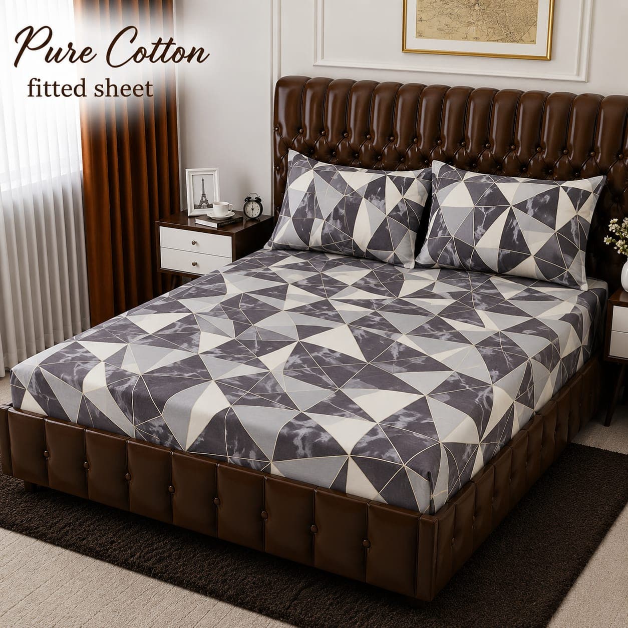 Grey Marble Geometric Triangle Pure Cotton Fitted Bedsheet