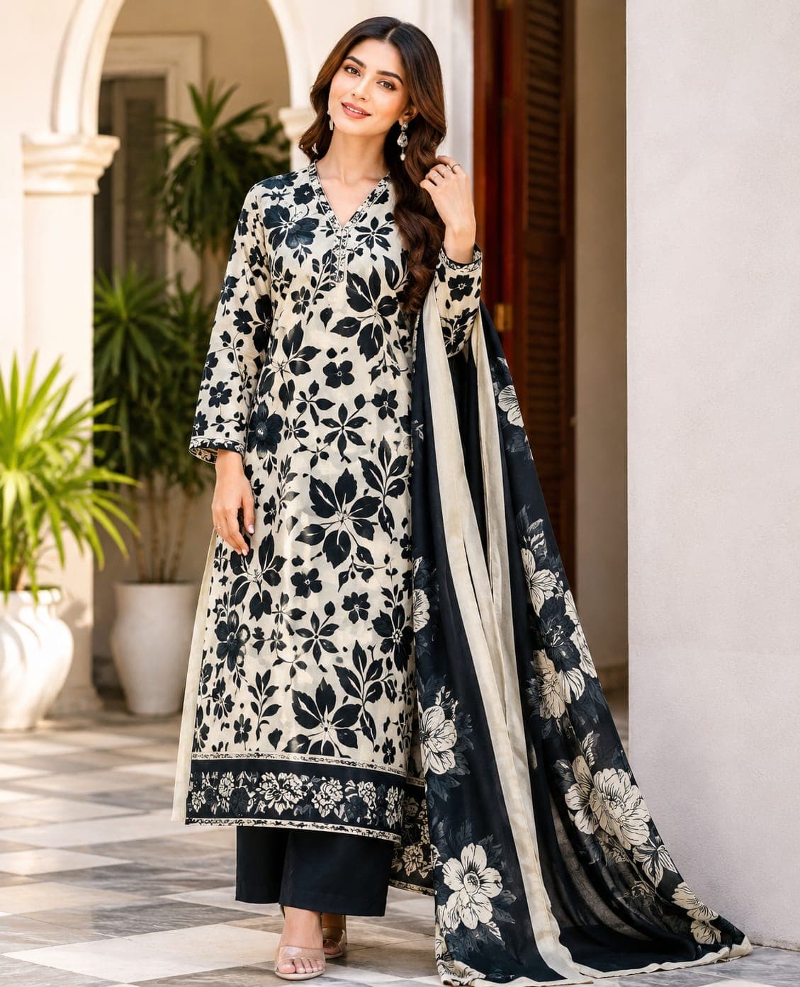 Flat lay of folded printed lawn shirt, dyed trouser, and printed voile dupatta on white fur background.