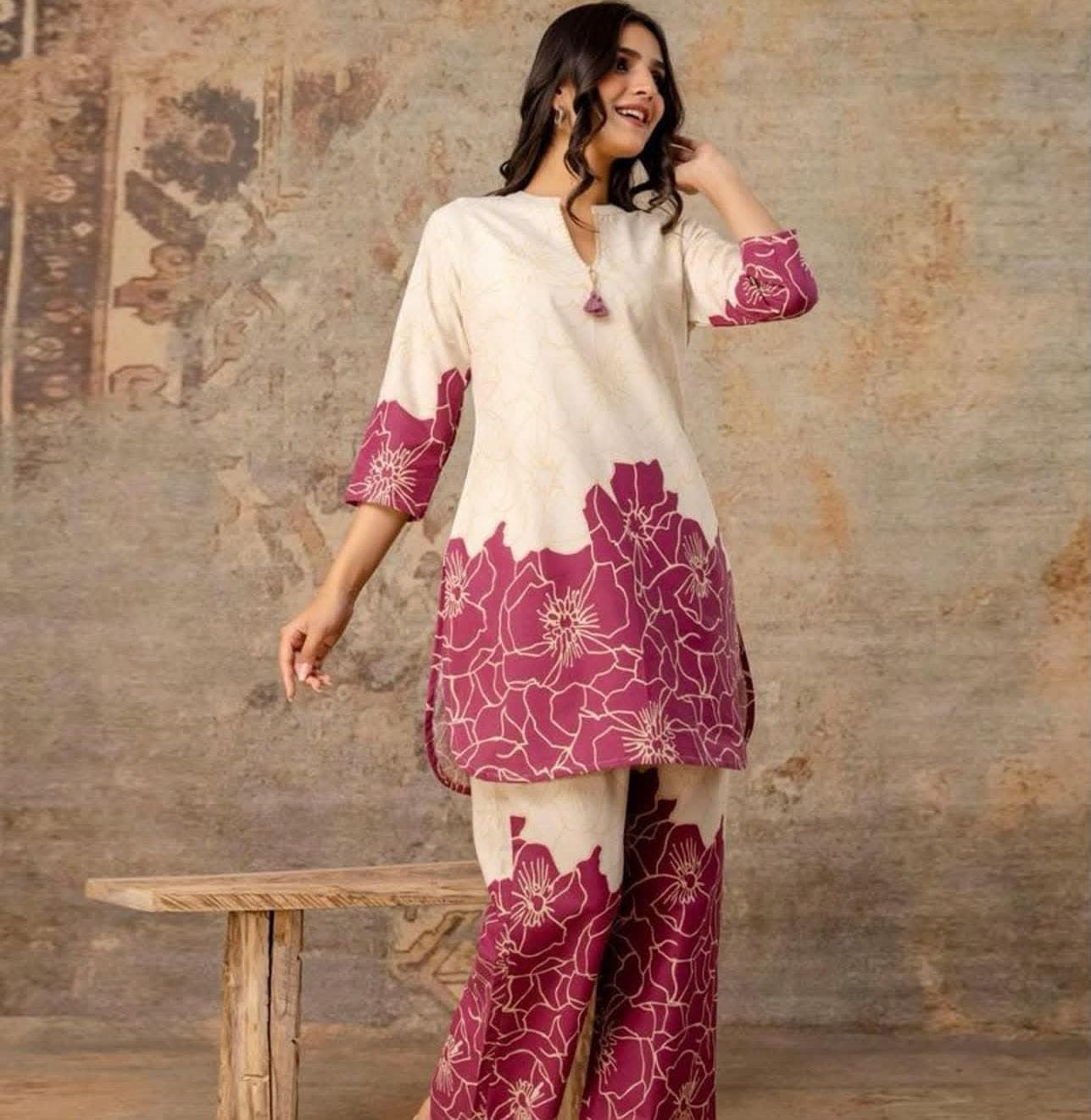 Dananeer Beige Maroon Floral Silk Suit