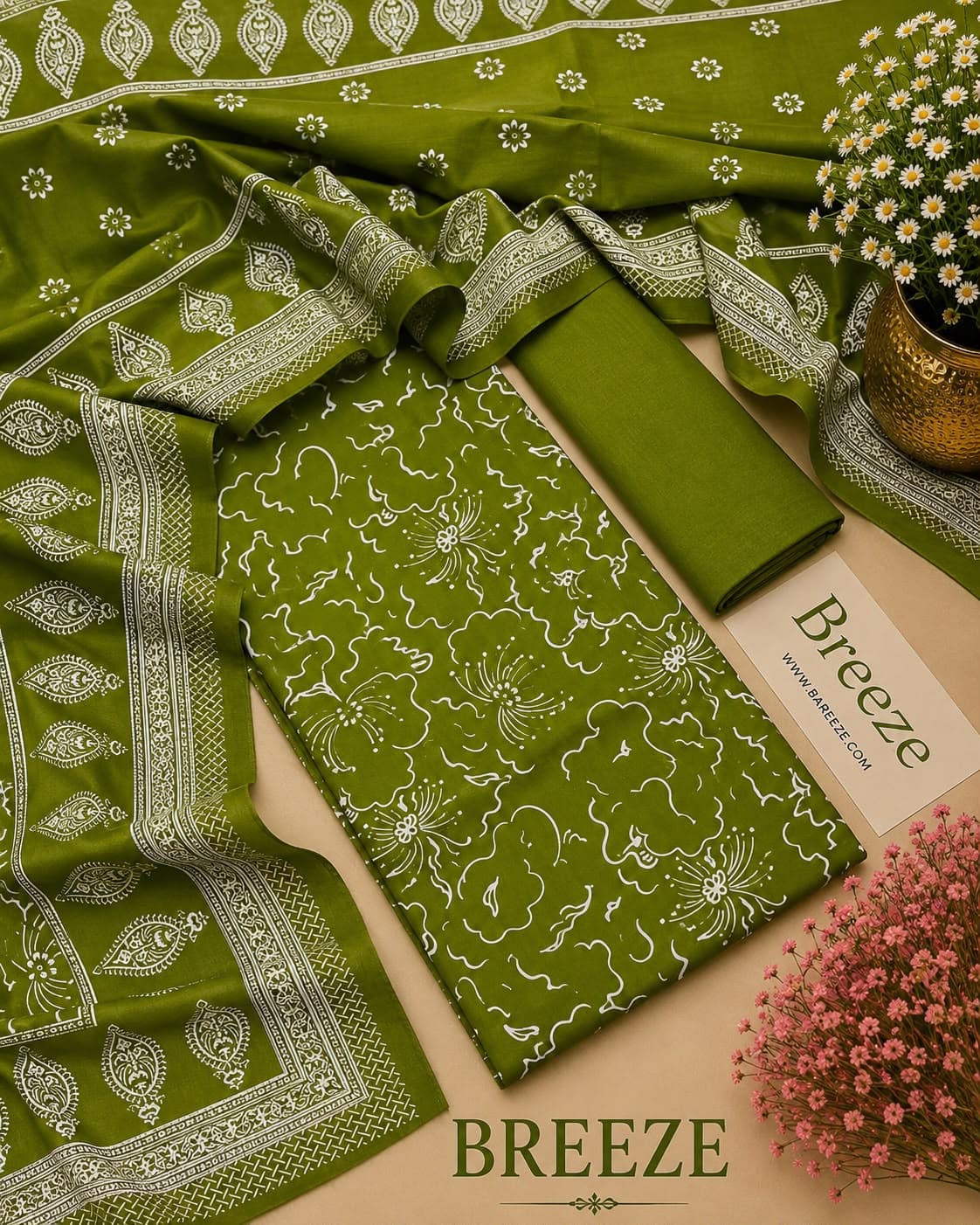 Bareeze Block Printed Lawn 3-Piece Suit (Floral Cloud)