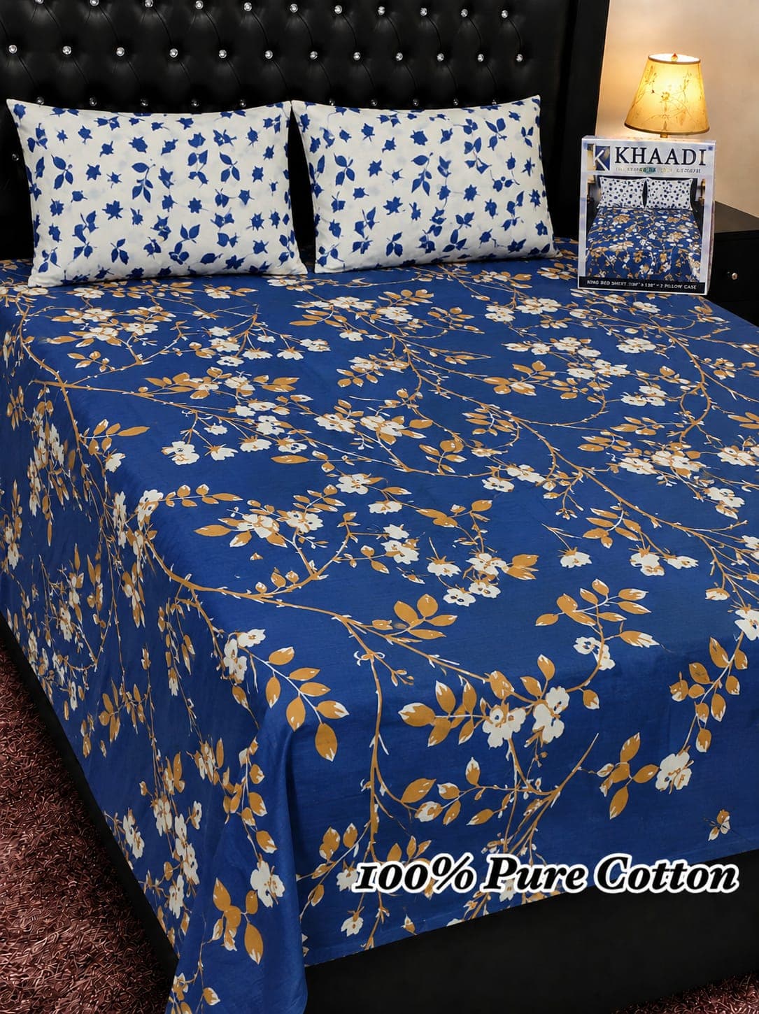Khaadi Royal Blue Leaf Cotton Bedsheet Set