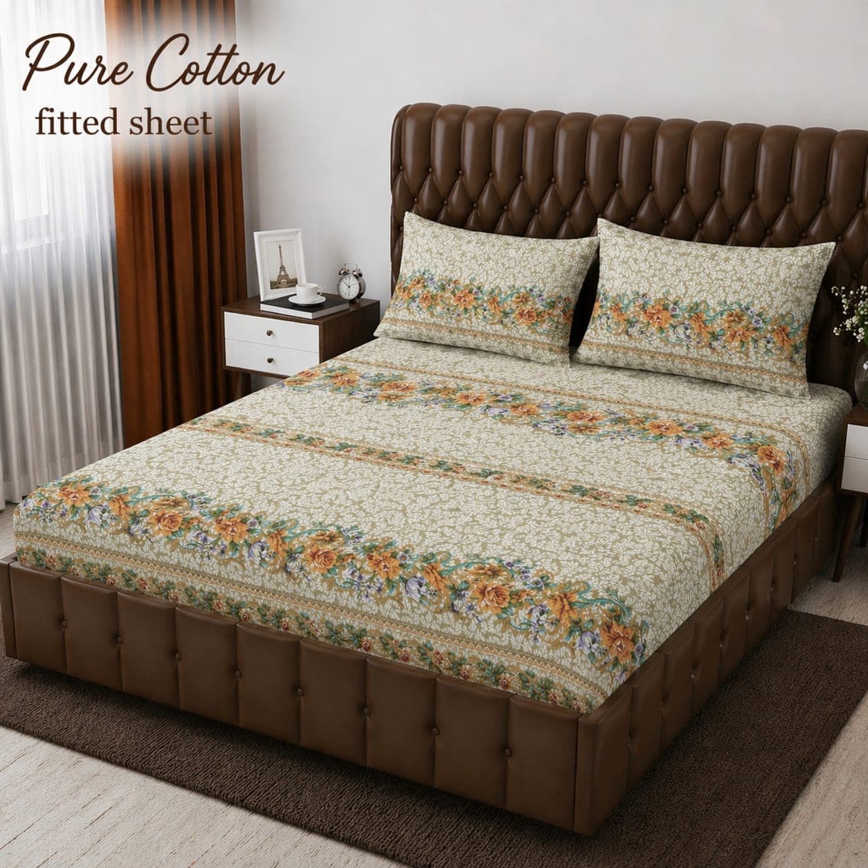 Cream Yellow Rose Garland Pure Cotton Fitted Bedsheet