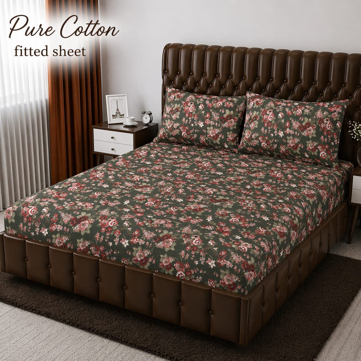 Olive Green Rose Bouquet Pure Cotton Fitted Bedsheet