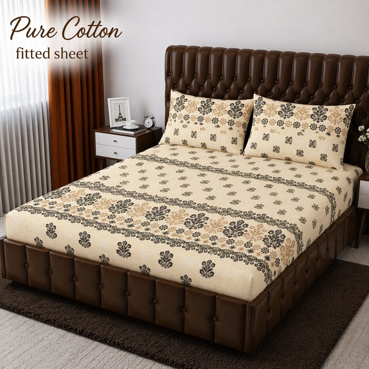 Cream Damask Floral Motif Pure Cotton Fitted Bedsheet