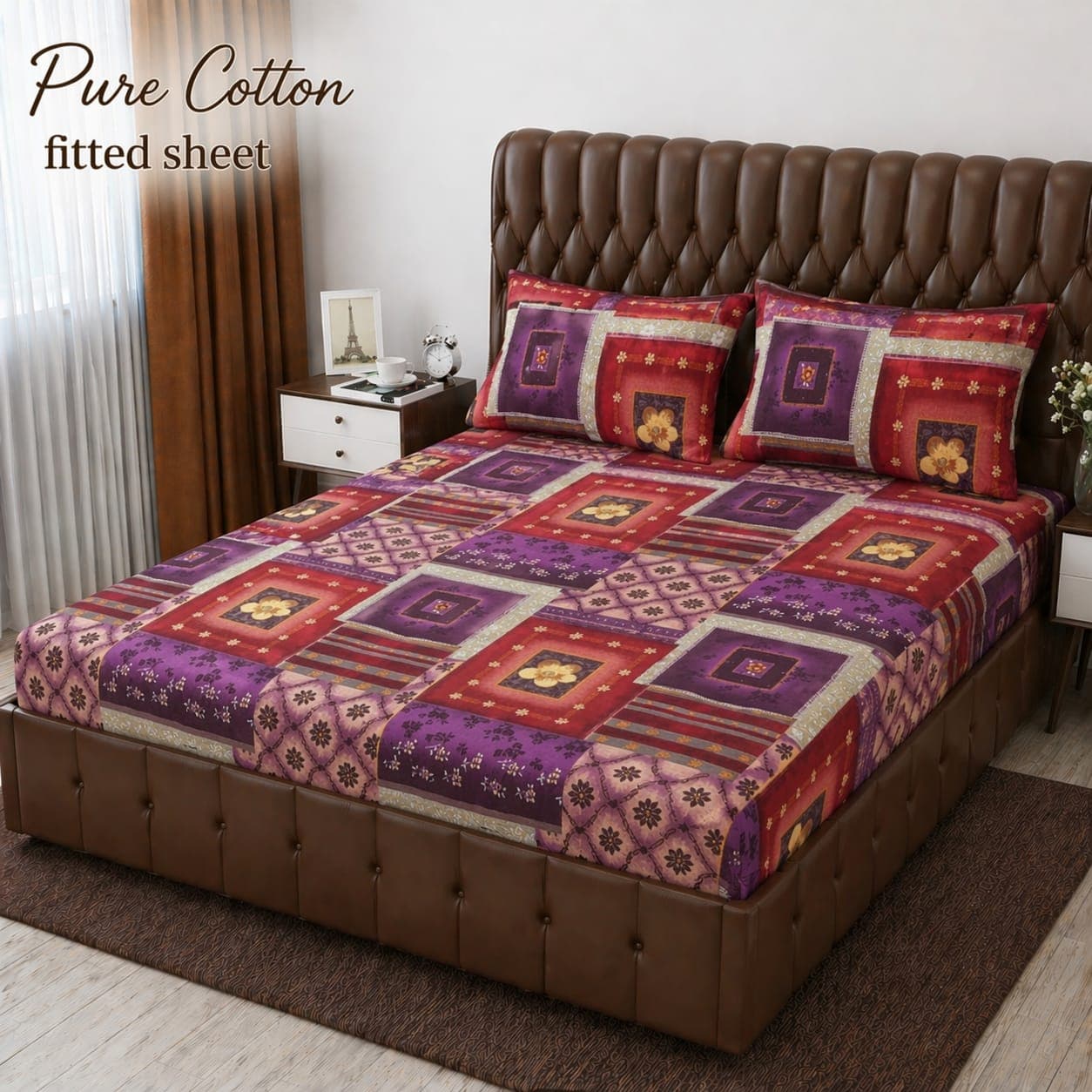 Red Purple Patchwork Quilt Pure Cotton Fitted Bedsheet