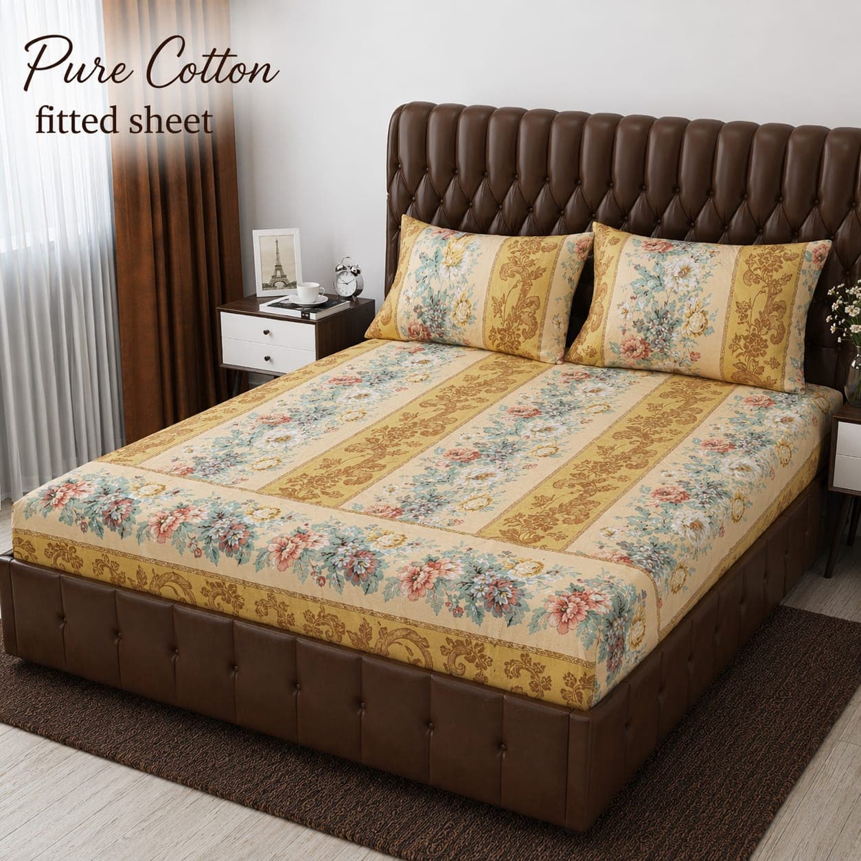 Gold Vintage Floral Stripe Pure Cotton Fitted Bedsheet