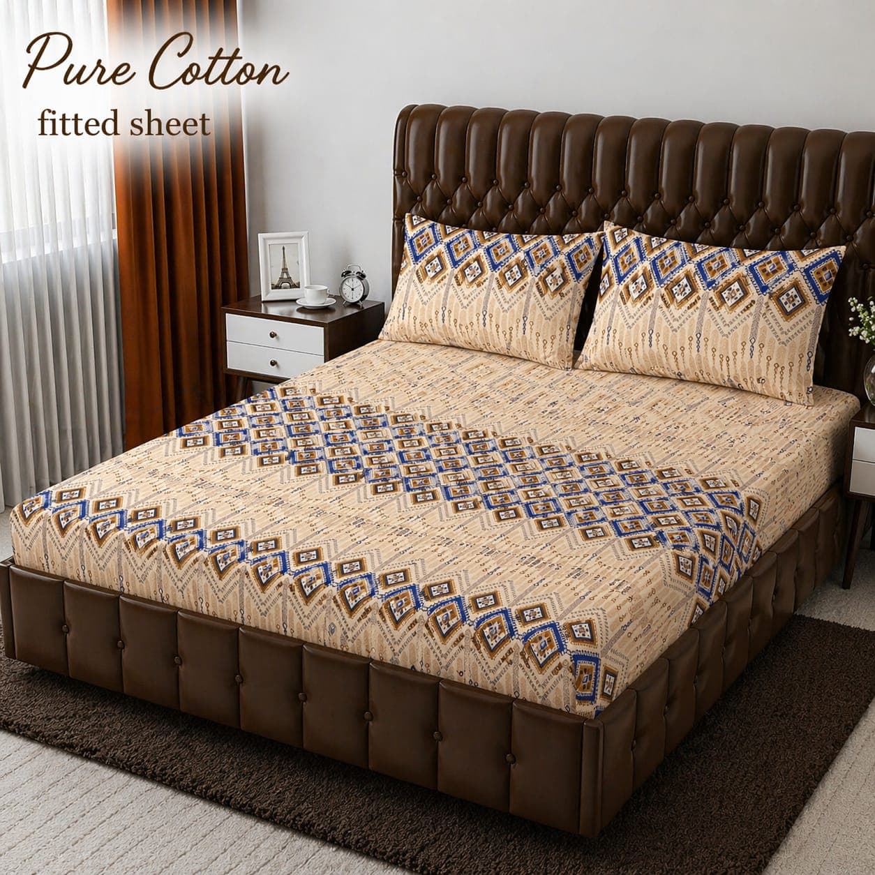 Beige Tribal Diamond Ikat Pure Cotton Fitted Bedsheet