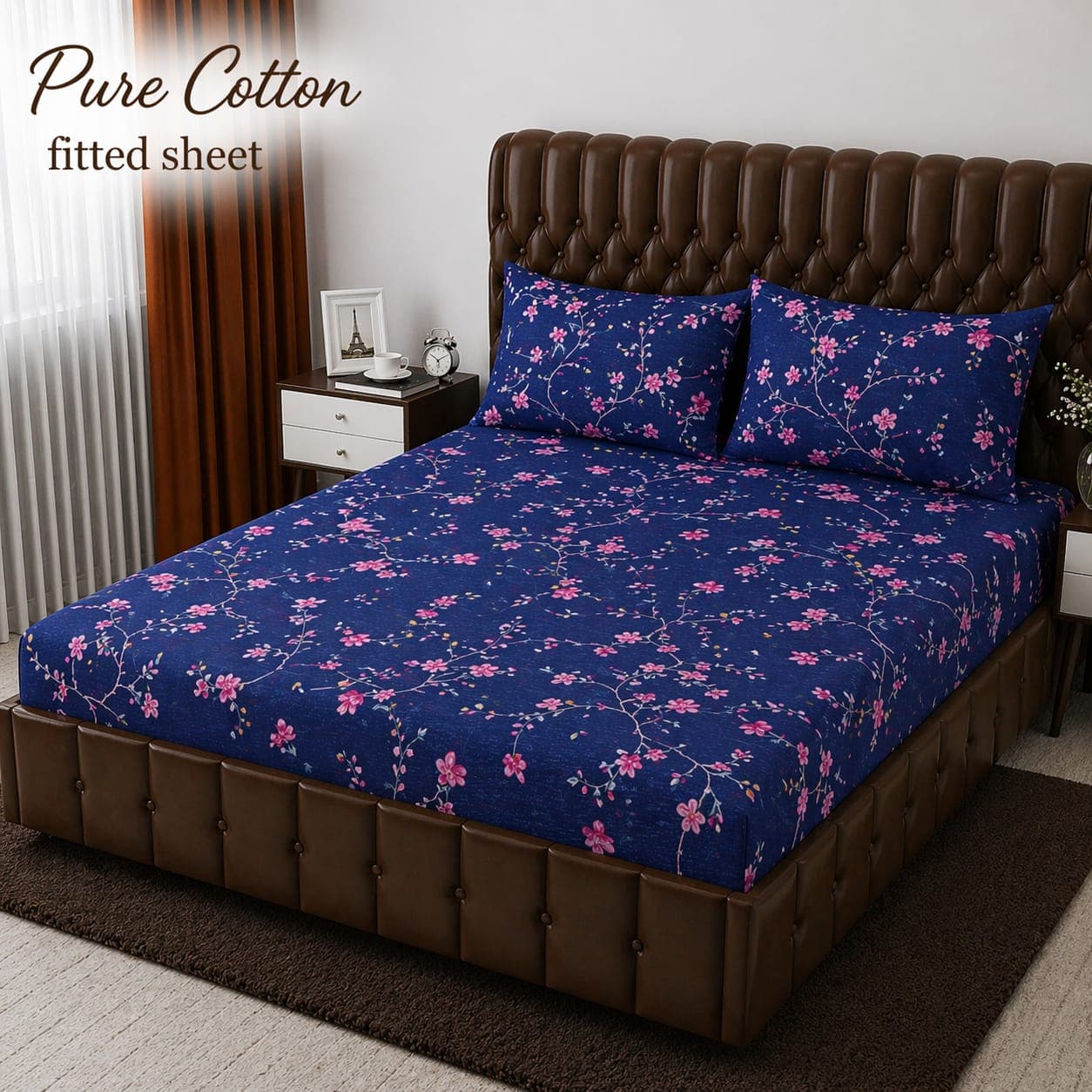 Navy Cherry Blossom Branch Pure Cotton Fitted Bedsheet