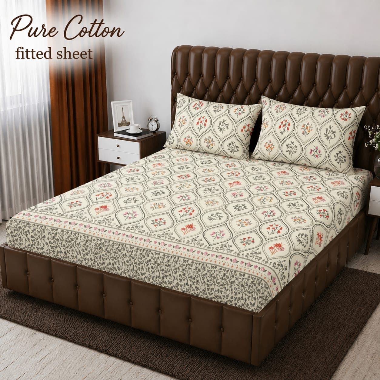 Cream Mughal Jaal Floral Pure Cotton Fitted Bedsheet