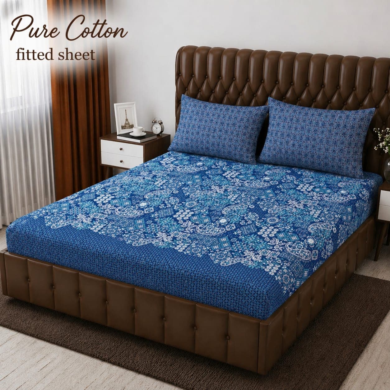 Royal Blue Intricate Paisley Pure Cotton Fitted Bedsheet