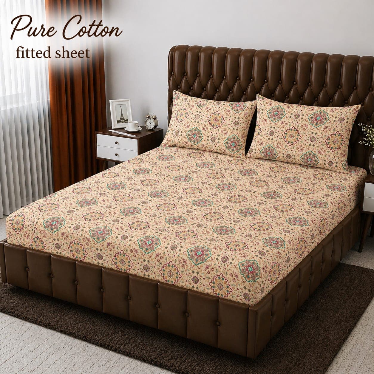 Beige Mandala Medallion Pure Cotton Fitted Bedsheet