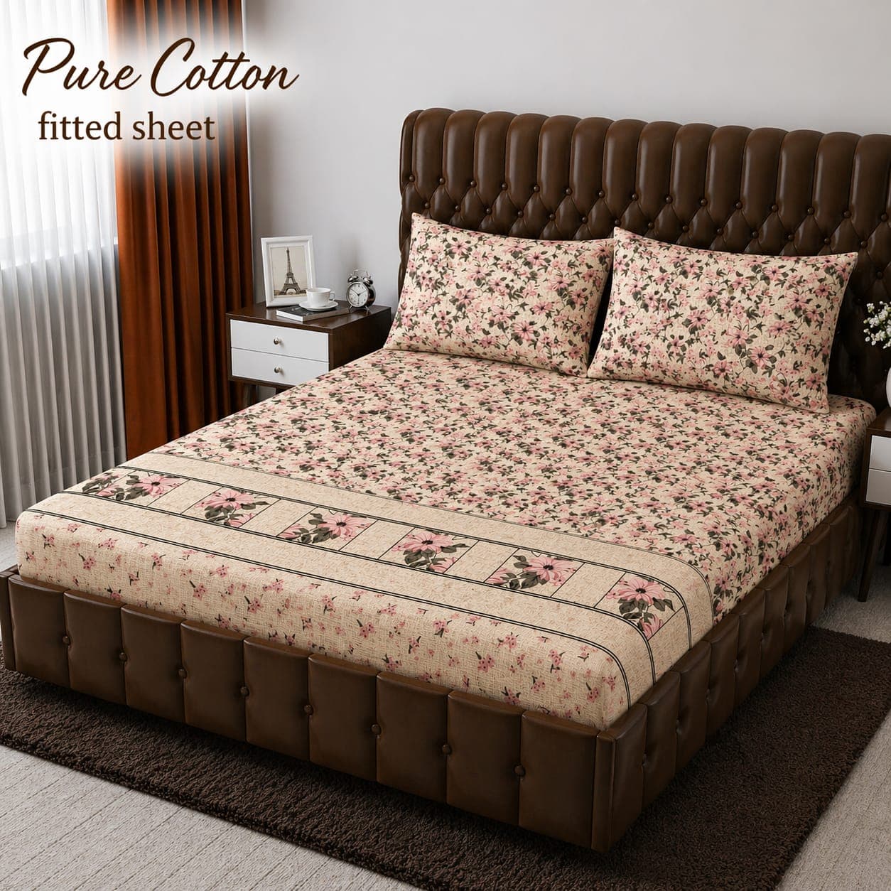 Cream Pink Ditsy Daisy Pure Cotton Fitted Bedsheet
