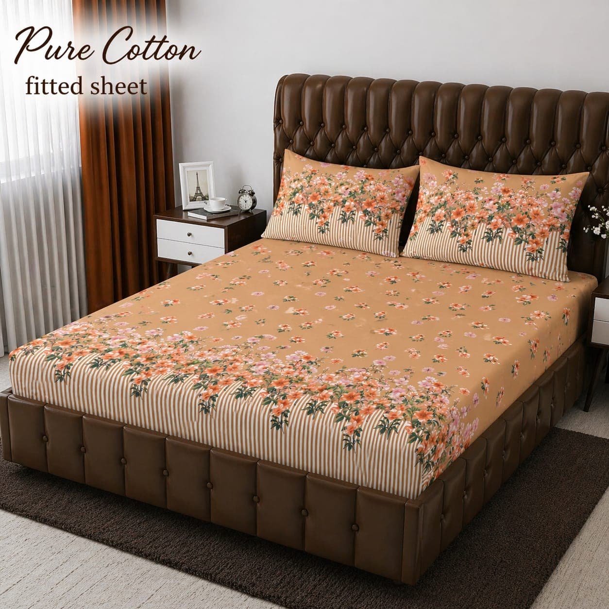 Golden Striped Floral Garden Pure Cotton Fitted Bedsheet