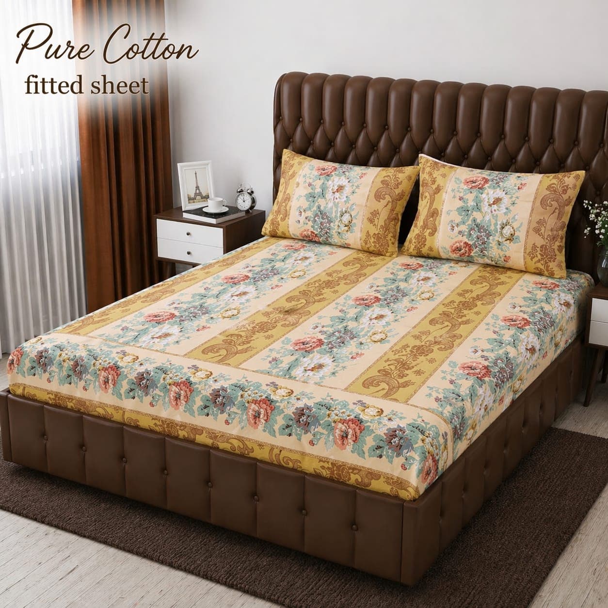 Golden Baroque Floral Stripe Pure Cotton Fitted Bedsheet