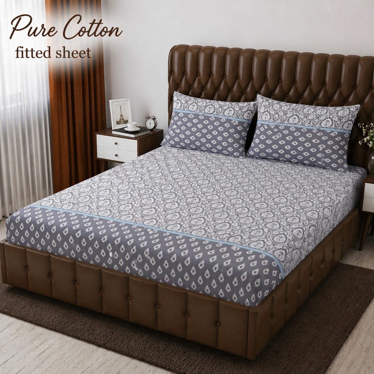 Grey Dual Pattern Motif Pure Cotton Fitted Bedsheet