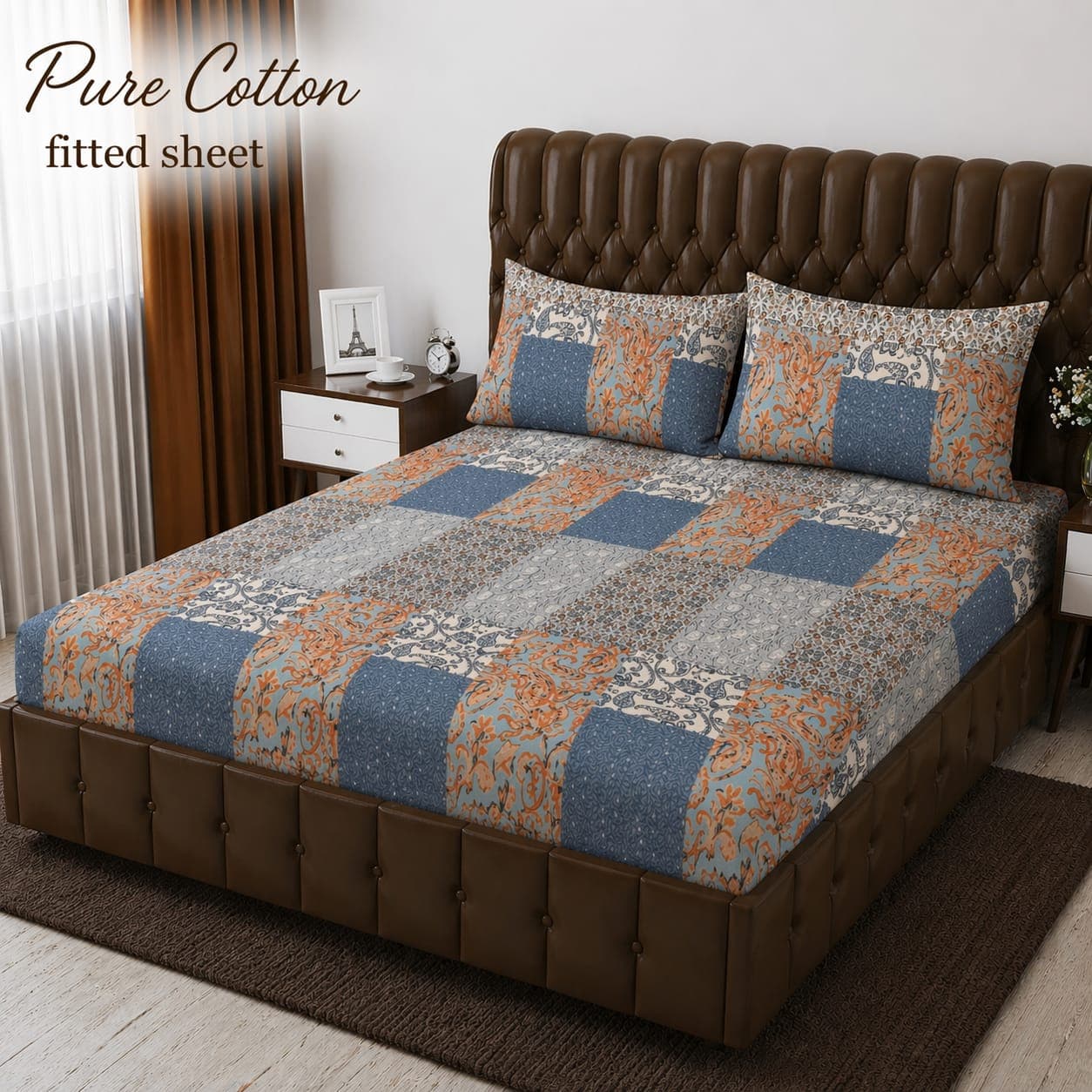 Blue Orange Patchwork Damask Pure Cotton Fitted Bedsheet