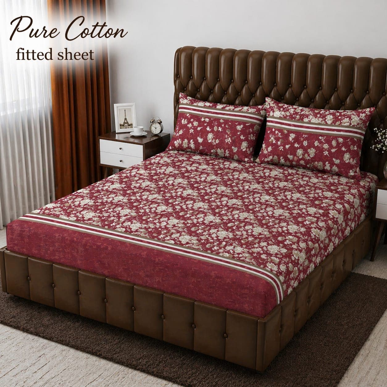 Maroon Vintage White Floral Pure Cotton Fitted Bedsheet