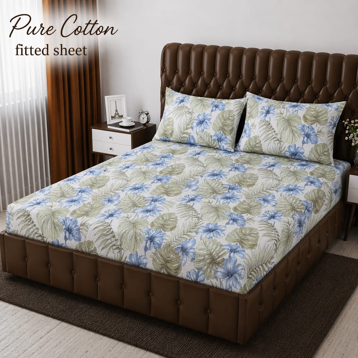 Blue Hibiscus Monstera Leaf Pure Cotton Fitted Bedsheet