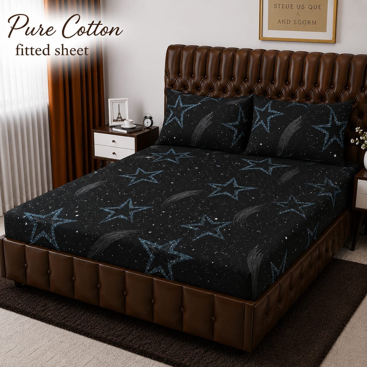 Black Starry Night Sky Pure Cotton Fitted Bedsheet