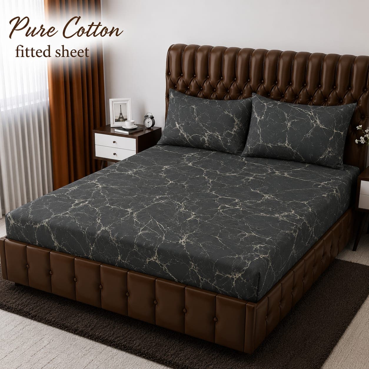 Dark Marble Veins Pure Cotton Fitted Bedsheet