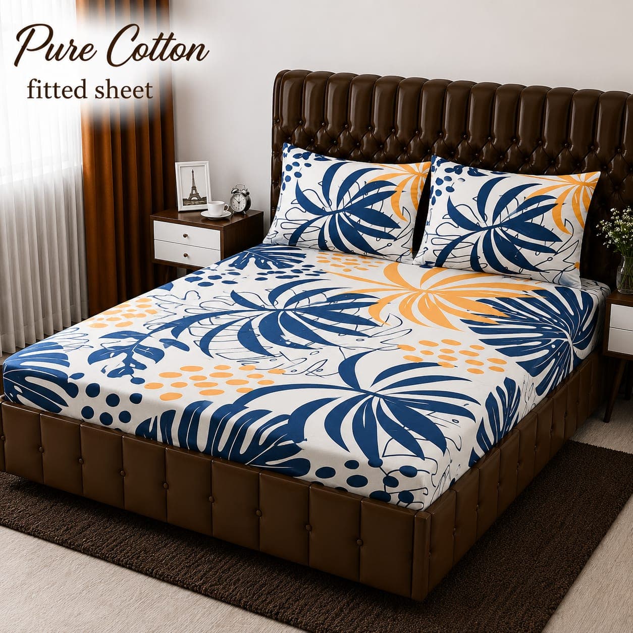 Navy Blue Tropical Palm Pure Cotton Fitted Bedsheet
