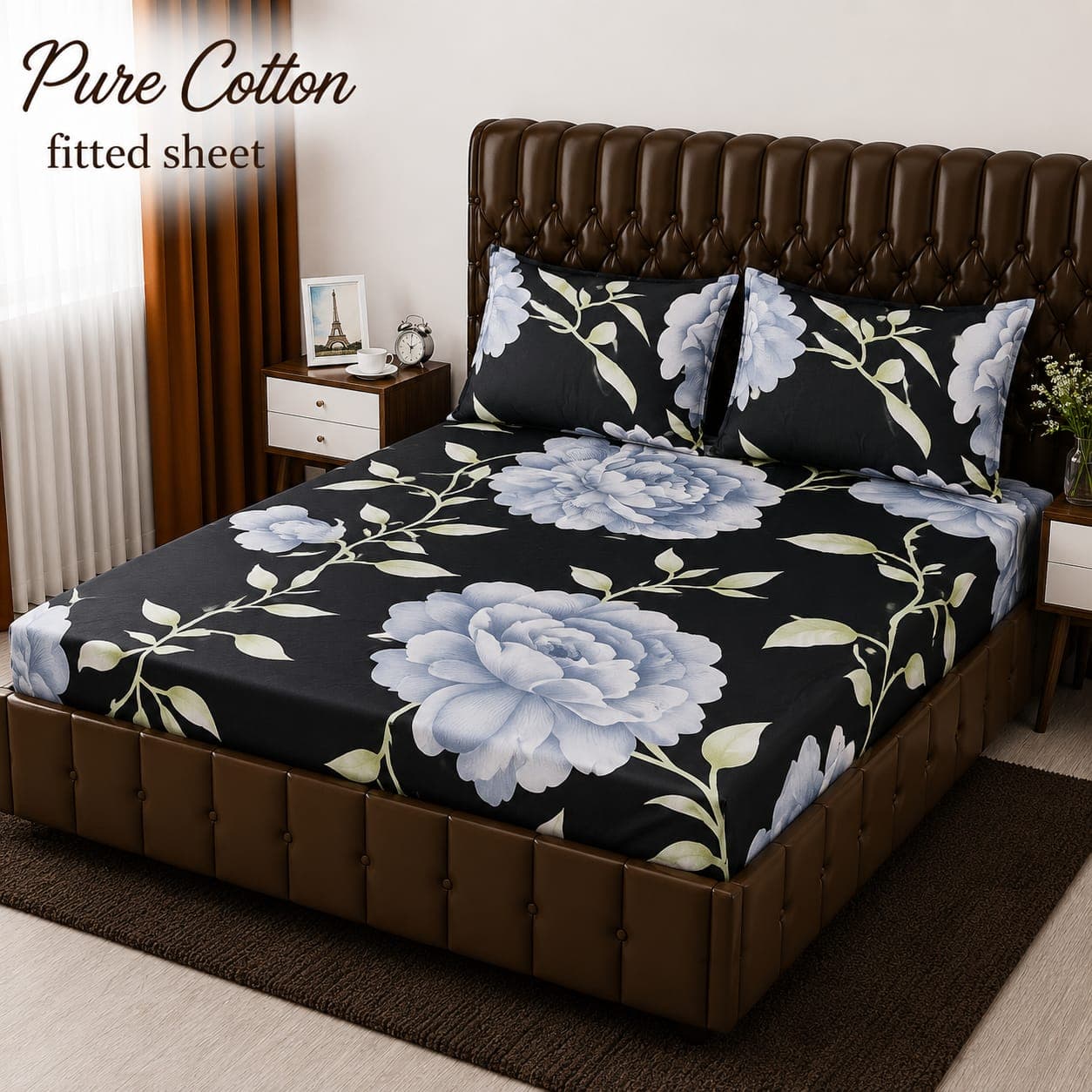 Black Peony Bloom Pure Cotton Fitted Bedsheet