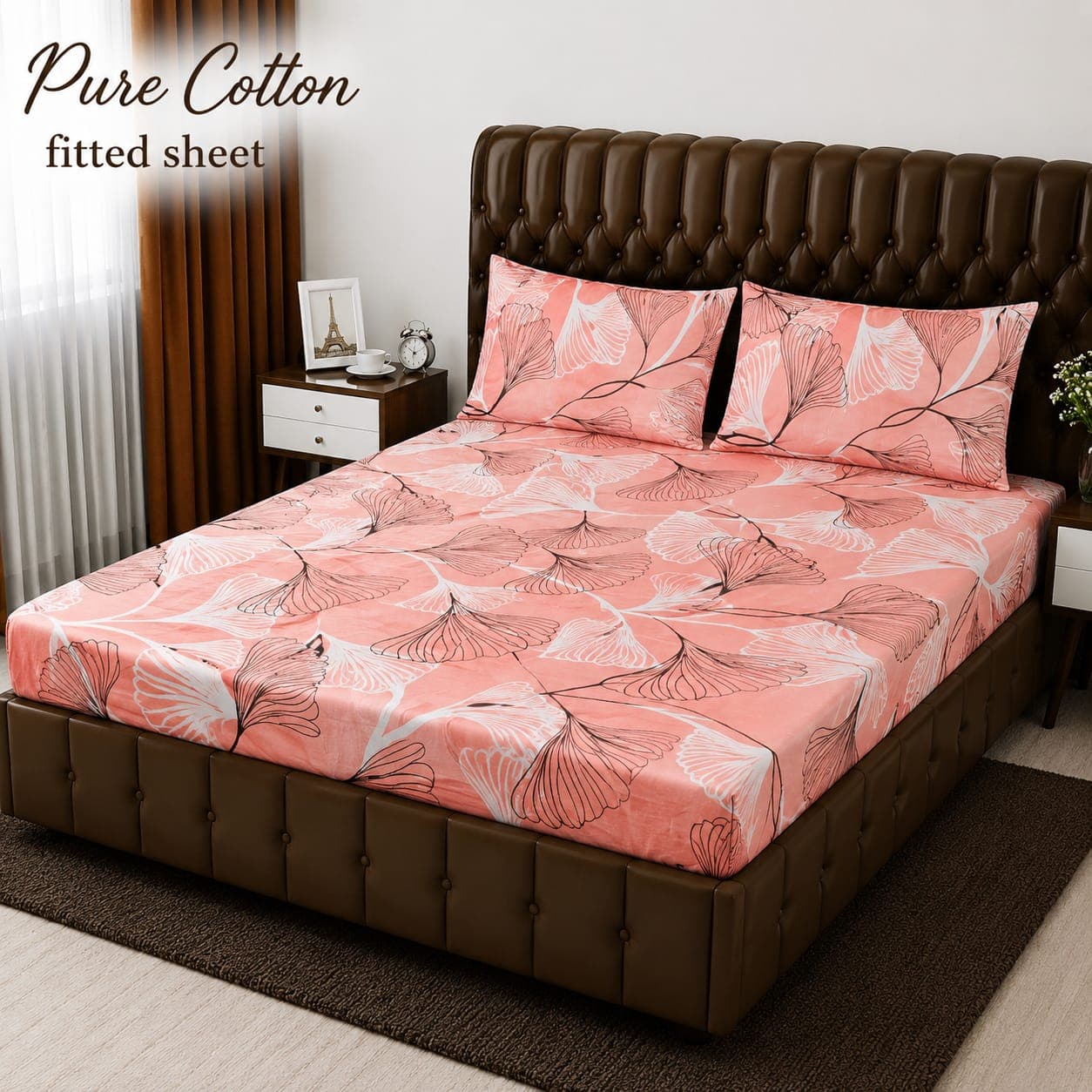 Peach Ginkgo Leaf Pure Cotton Fitted Bedsheet