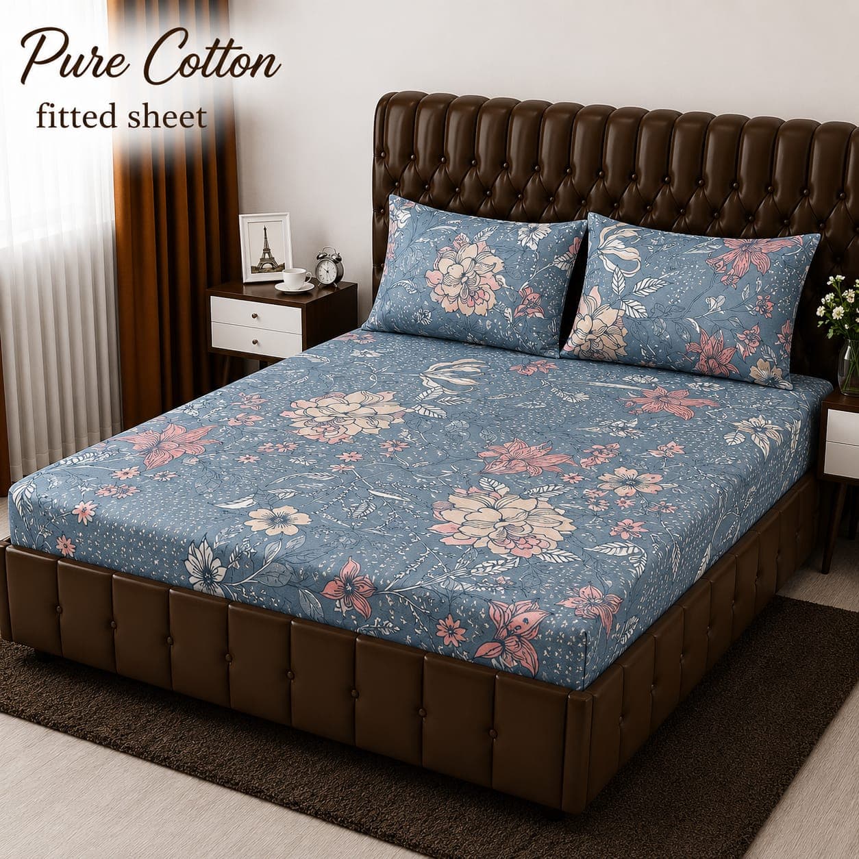 Dusty Blue Vintage Floral Pure Cotton Fitted Bedsheet