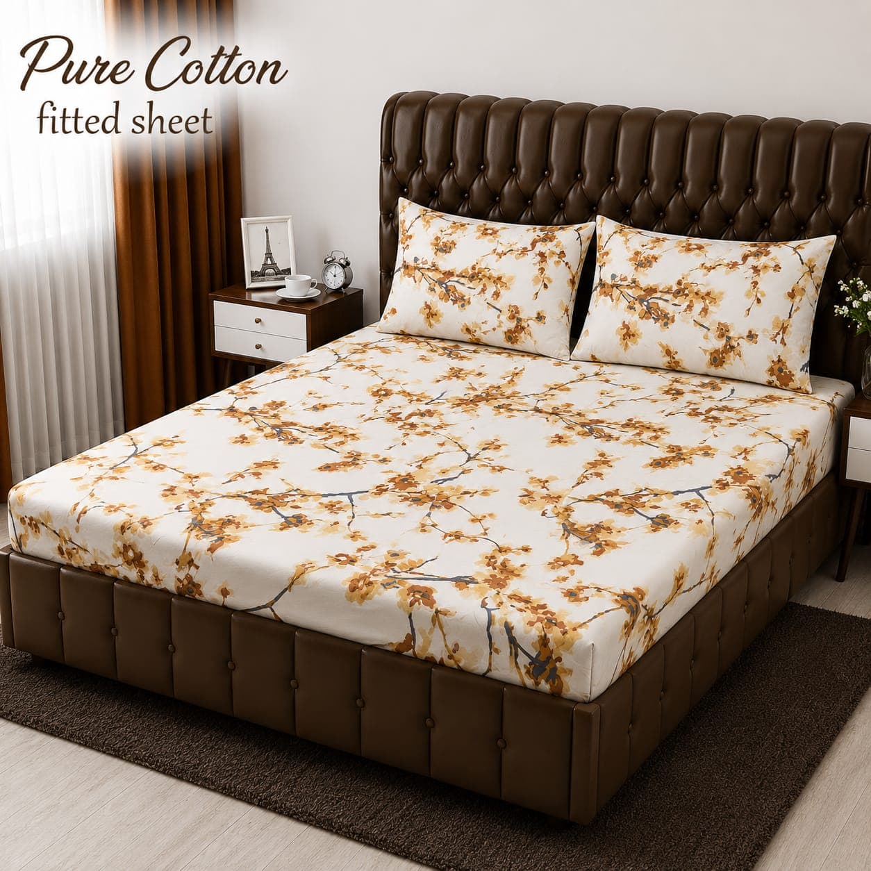 White Cherry Blossom Branch Pure Cotton Fitted Bedsheet
