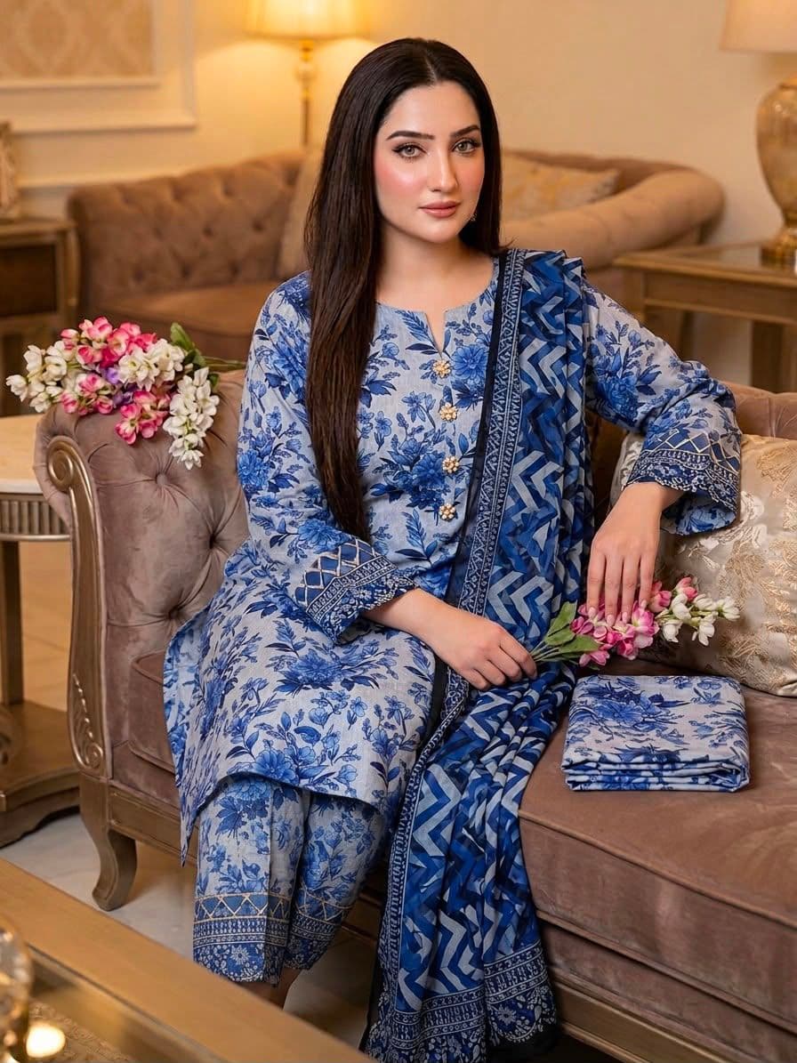 Blue Floral Digital Print Lawn 3PC - MPRINTS