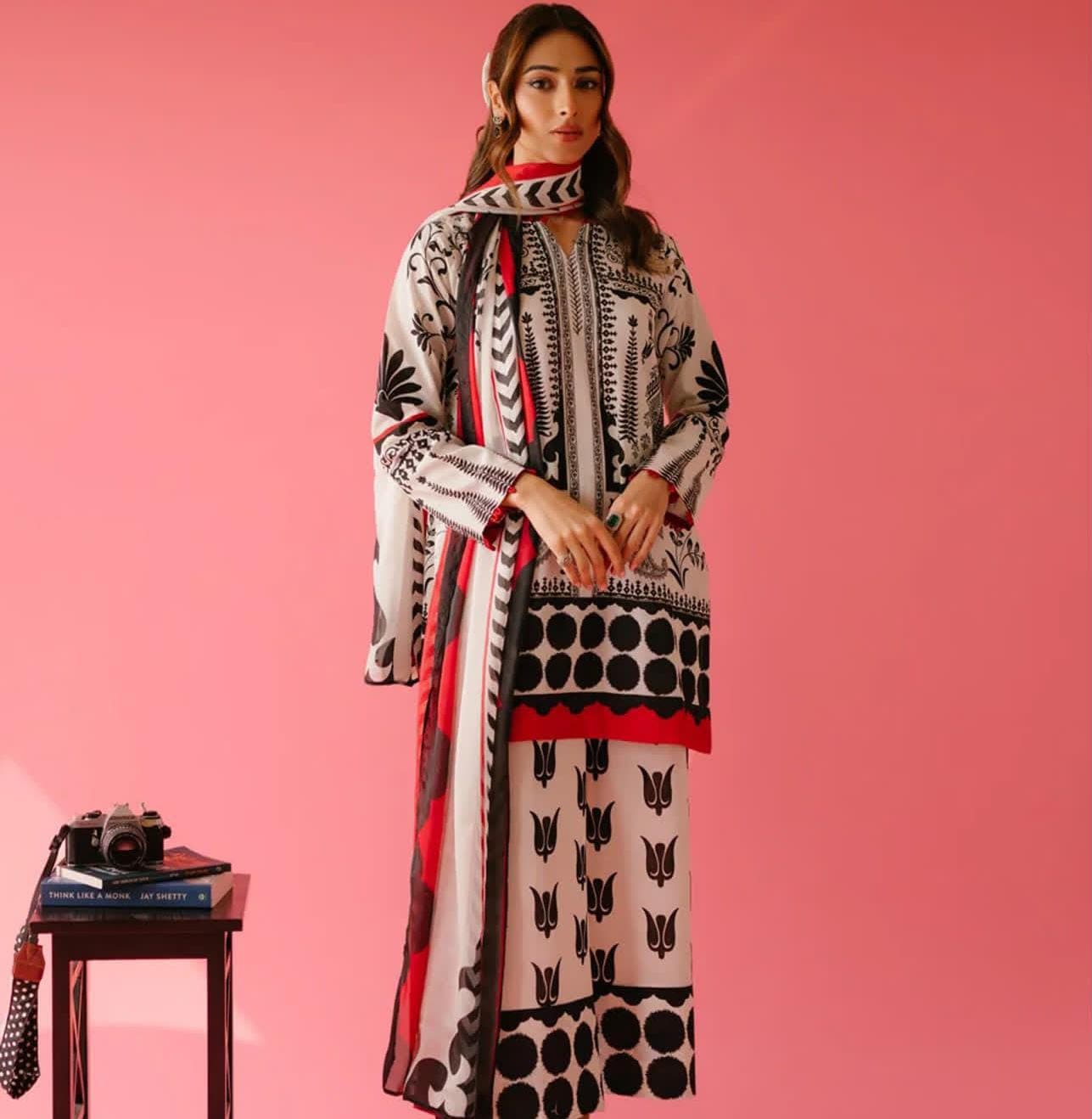 Dananeer Black Paisley Polka Silk Suit
