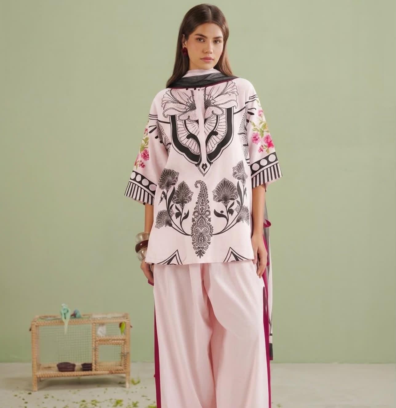 Dananeer Blush Pink Line Art Silk Suit