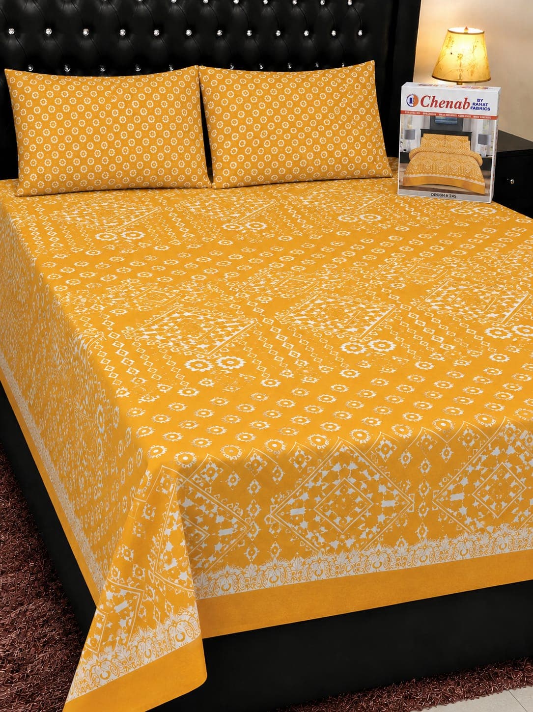 Chenab Fabrics Mustard Ajrak Cotton Bedsheet Set