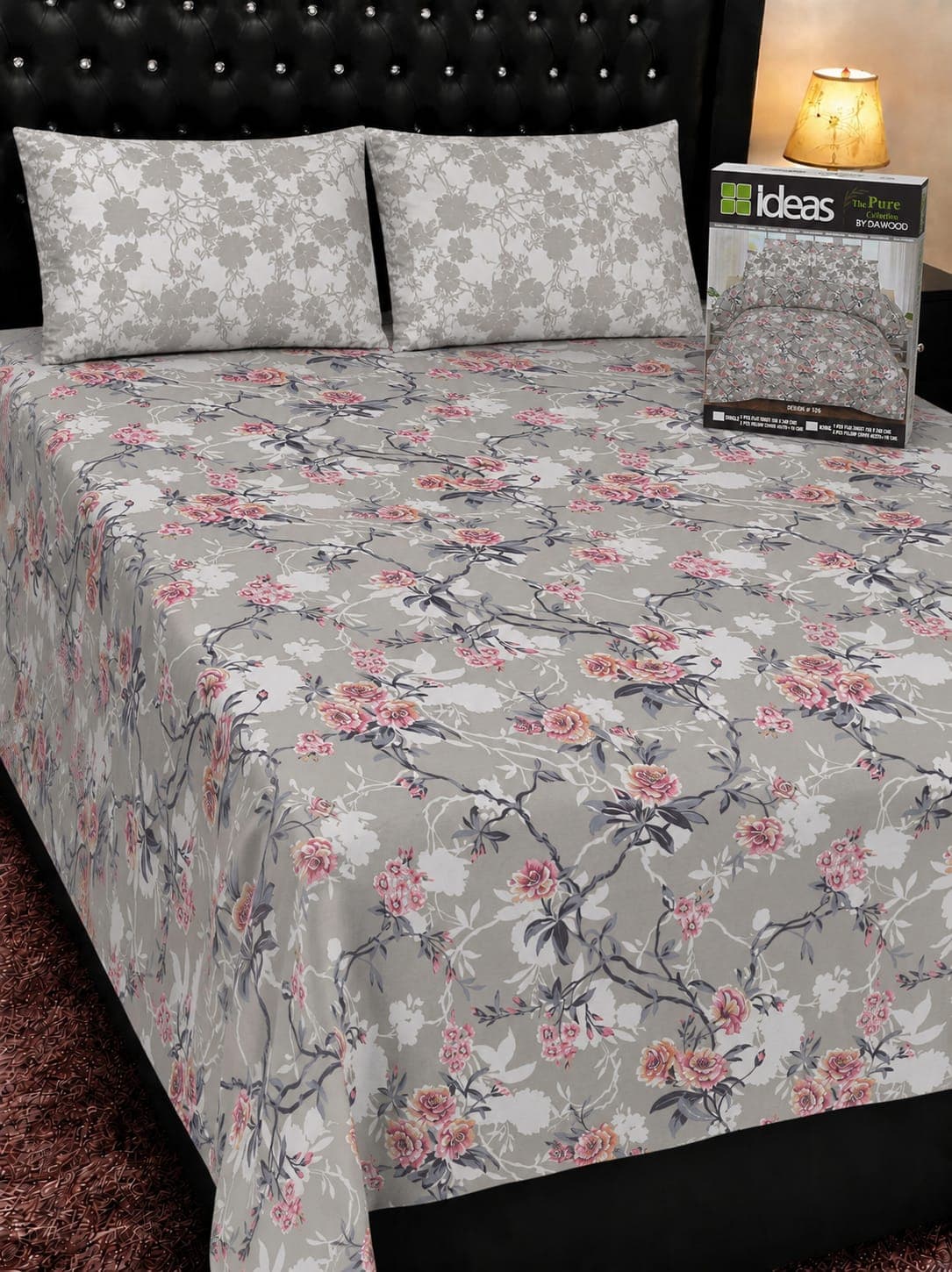 Ideas Grey Pink Peony Cotton Bedsheet Set