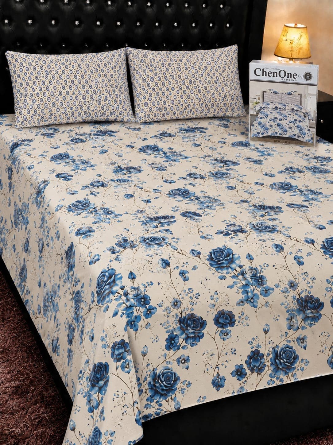 ChenOne Royal Blue Rose Cotton Bedsheet Set