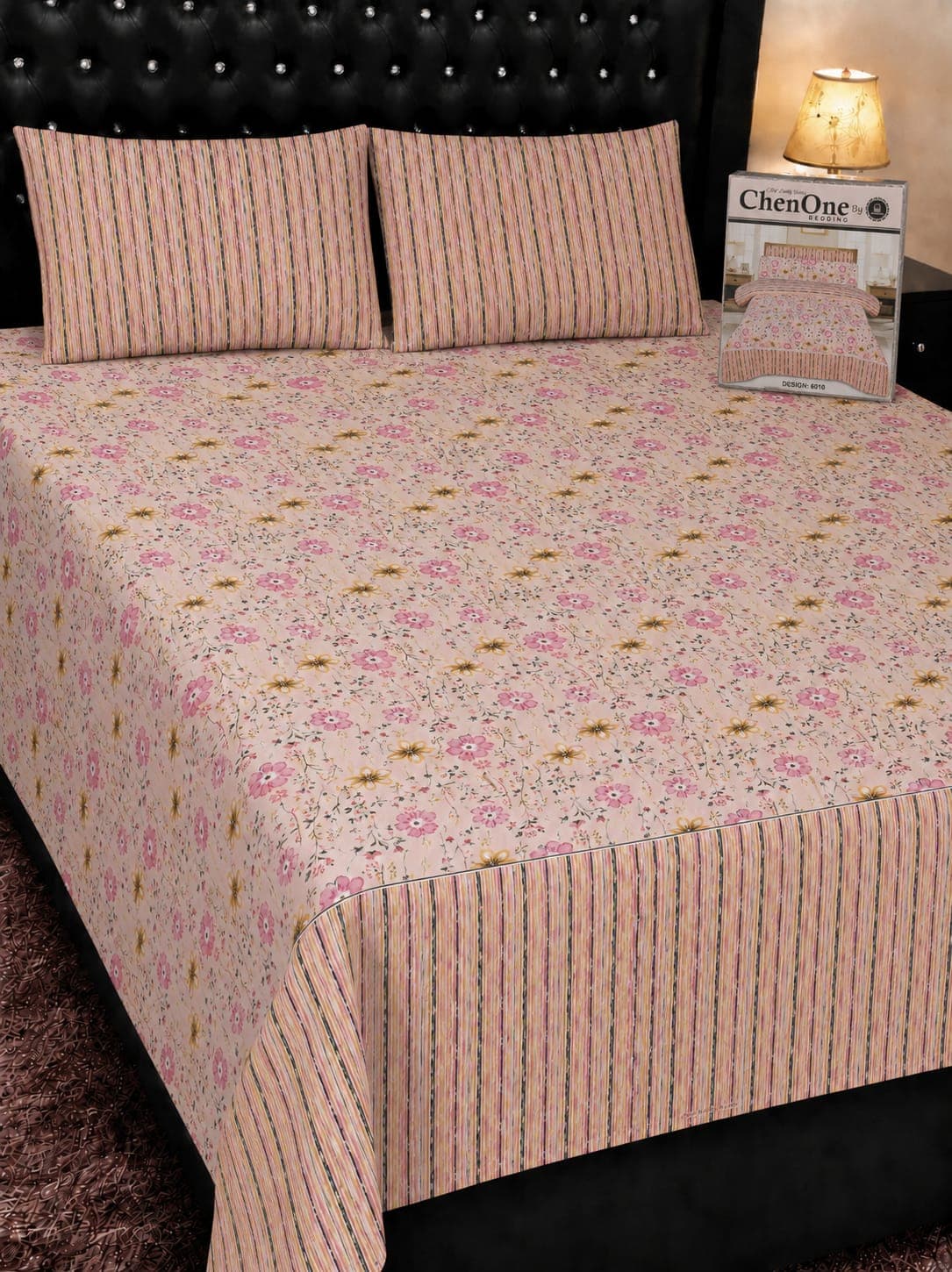 ChenOne Pink Floral Striped Cotton Bedsheet Set