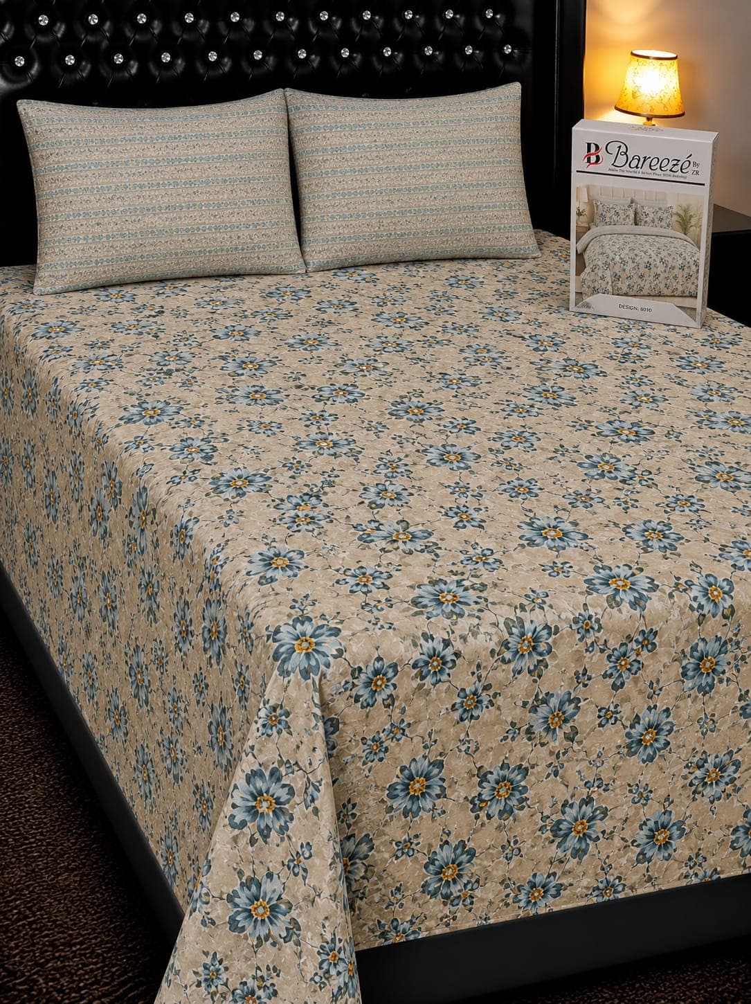 Bareeze Beige Blue Daisy Cotton Bedsheet Set
