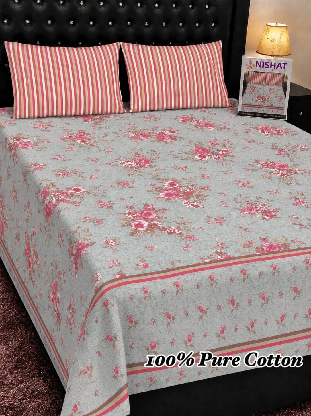 Nishat Linen Grey Pink Rose Cotton Bedsheet Set
