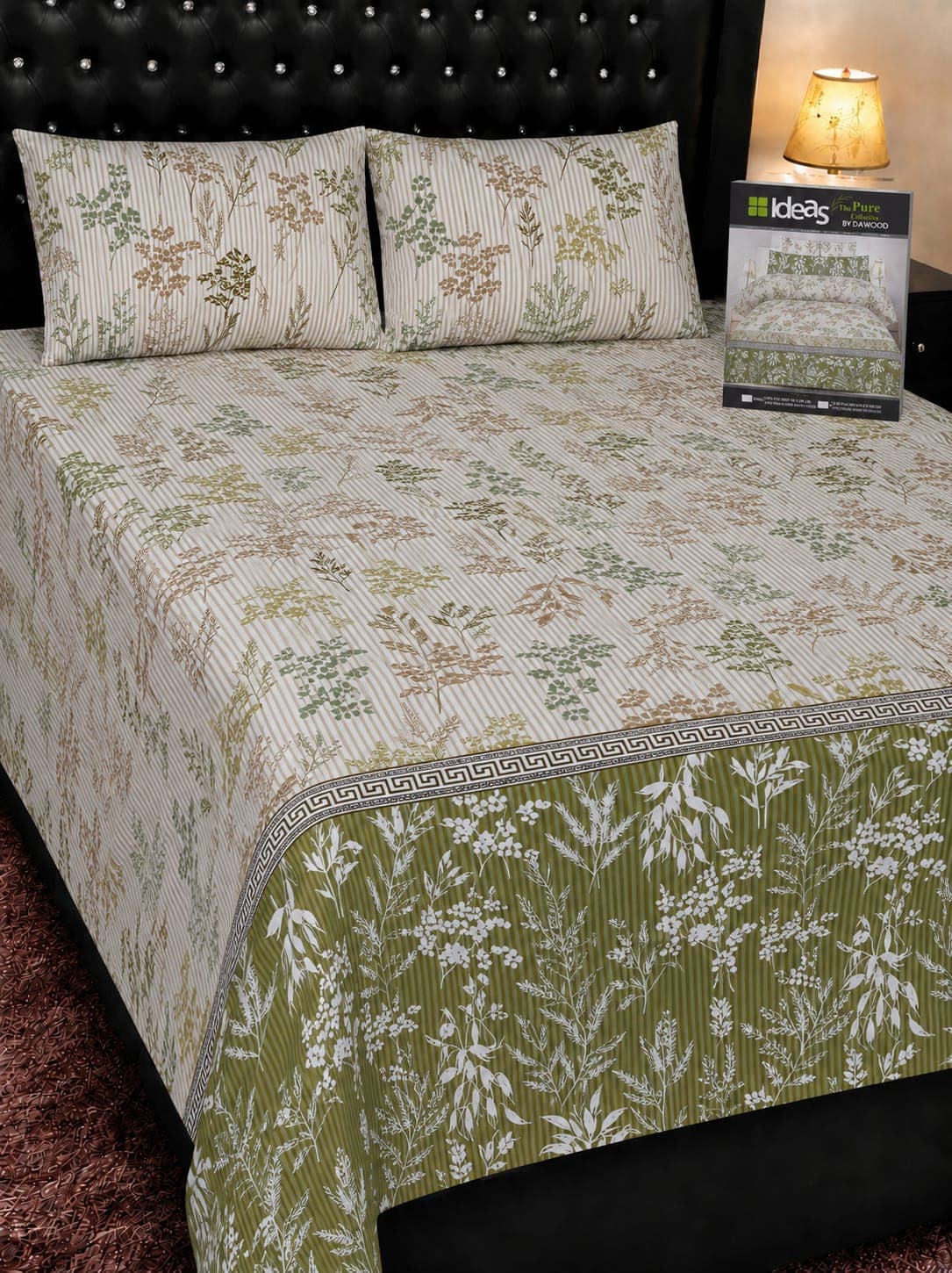 Ideas Olive Striped Flora Cotton Bedsheet Set