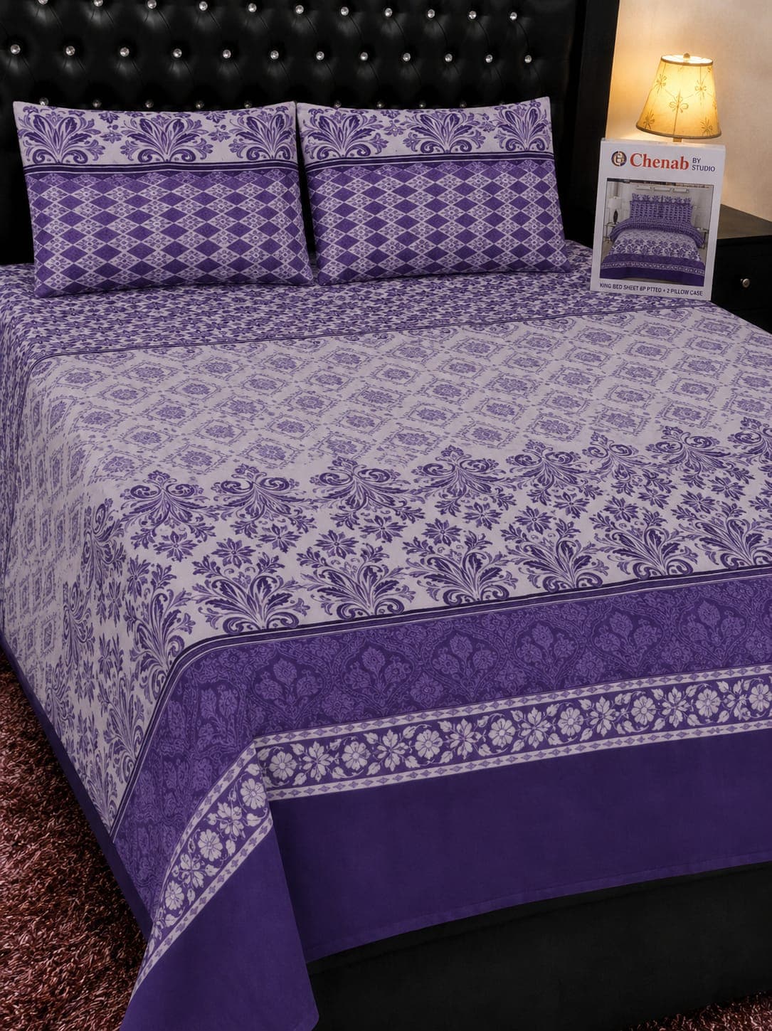 Chenab Studio Purple Damask Cotton Bedsheet Set