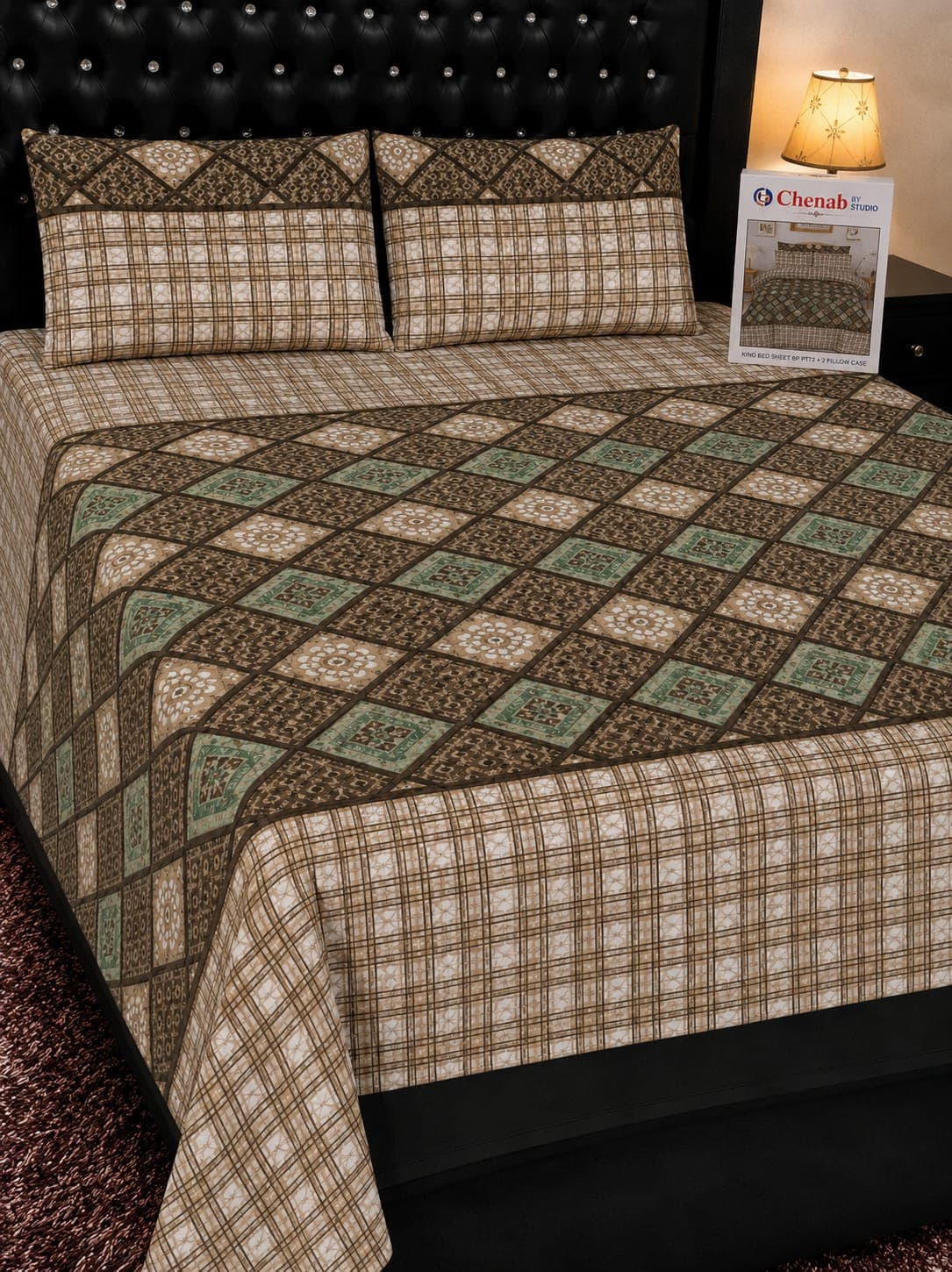 Chenab Studio Brown Check Cotton Bedsheet Set